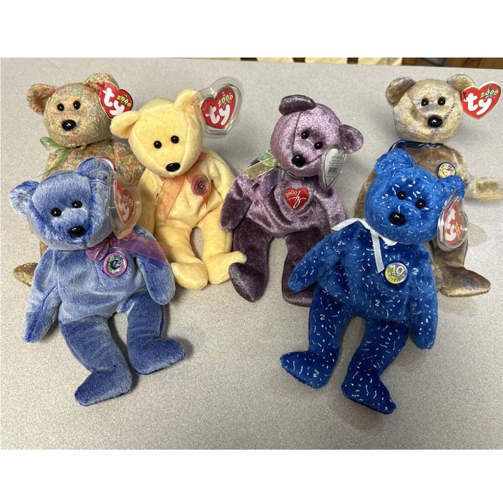 Ty Beanie Babies Lot/6 2000 Ty, Sunnie, Decade, Periwinkle, Clubby 3,SpeckesMINT